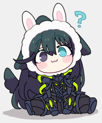  1boy :3 ? animal_ear_hairband animal_ears aqua_eyes black_eyes black_gloves black_hair chibi closed_mouth dog_ears dog_tail fake_animal_ears gloves hairband heterochromia highres hong_lu_(project_moon) k_corp._(identity)_(project_moon) limbus_company long_hair project_moon rabbit_ear_hairband rabbit_ears shiki_(shikki46) simple_background sitting smile solo tail very_long_hair white_background 