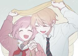  1boy 1girl blonde_hair closed_eyes collared_shirt commentary couple hetero holding_hands interlocked_fingers jacket laughing light_blush medium_hair necktie ootori_emu open_mouth pink_hair pink_jacket project_sekai rain red_necktie sailor_collar shirt short_hair smile striped_clothes striped_necktie symbol-only_commentary tenma_tsukasa undodo_0 upper_body wet white_sailor_collar white_shirt 