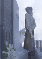  18trip 1boy 22kolink apron arms_behind_back chain-link_fence clenched_hand commentary facing_away fence flower grey_apron grey_hair hachinoya_nagi half_updo hand_on_own_arm highres long_sleeves male_focus medium_hair outdoors power_lines shirt snow snowing solo standing striped_clothes striped_shirt white_flower 