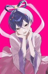  1boy black_eyes blue_eyes blue_hair charisma_house commentary_request crossed_bangs frilled_sleeves frills hair_intakes hair_ornament hair_rings hands_on_own_face highres japanese_clothes kimono korean_commentary male_focus motohashi_iori open_mouth parody_request pink_background pink_kimono pink_ribbon ramiml17 ribbon simple_background solo star_(symbol) star_hair_ornament three-quarter_sleeves water_drop wet 