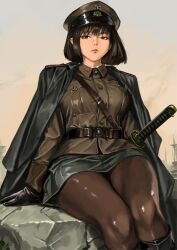  1girl black_eyes black_gloves black_hair black_thighhighs bob_cut closed_mouth coat coat_on_shoulders commentary_request gloves hat highres imperial_japanese_army katana looking_at_viewer military_hat military_uniform original short_hair simple_background sitting solo sword thigh-highs tyokugekidato weapon 
