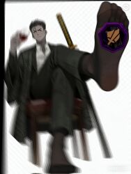  1boy black_coat black_pants black_socks black_suit blurry blurry_background coat commentary_request couch crossed_legs cup dark-skinned_male dark_skin drinking_glass feet foot_focus game_screenshot_inset highres holding holding_cup jacket jun_(project_moon) katana limbus_company male_focus neck_tattoo on_couch pants project_moon red_eyes screenshot_inset shirt shoggoth_(sirens20211) short_hair sitting socks suit suit_jacket sword tattoo weapon white_shirt wine_glass 