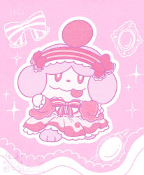  bow clothed_pokemon commentary_request dress full_body highres hotoketto16 lolita_fashion no_humans outline pink_background pink_theme pokemon pokemon_(creature) pokemon_focus slurpuff smile solo tongue tongue_out white_dress white_outline 