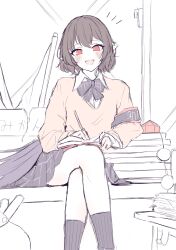  1girl absurdres alternate_costume armband bird_wings black_armband black_bow black_bowtie black_skirt black_socks blush bow bowtie brown_hair collared_shirt commentary_request crossed_legs feathered_wings hat highres holding holding_notebook holding_pen long_sleeves looking_at_viewer monochrome_background no_headwear notebook open_mouth pen pleated_skirt pointy_ears pom_pom_(clothes) red_eyes red_hat school_uniform seele_(chanseele0128) shameimaru_aya shirt short_hair sitting skirt smile socks solo sweater touhou unworn_hat unworn_headwear white_shirt wings yellow_sweater 