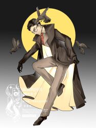  1boy animal_request bird black_coat black_eyes black_gloves black_hair black_shoes coat commentary_request floating gloves grey_jacket grey_pants grey_suit gubo_(project_moon) hair_slicked_back highres jacket limbus_company looking_at_viewer male_focus moon necktie pants project_moon red_necktie round_eyewear shirt shoes shoggoth_(sirens20211) short_hair standing standing_on_one_leg suit suit_jacket two-sided_coat two-sided_fabric watermark white_coat white_shirt 