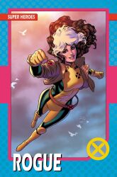  1girl belt bird blue_border bodysuit boots border breasts brown_belt brown_hair brown_jacket character_name clenched_hand clouds comic_cover commentary copyright_logo covered_abs cropped_jacket english_commentary floating_hair flying gloves green_bodysuit green_eyes green_headband grin headband jacket logo long_hair looking_at_viewer marvel matt_wilson medium_breasts multicolored_bodysuit multicolored_hair muscular muscular_female official_art rogue_(x-men) russell_dauterman sleeves_rolled_up smile solo superhero_costume two-tone_bodysuit western_comics_(style) white_hair x-men yellow_bodysuit yellow_boots yellow_gloves 