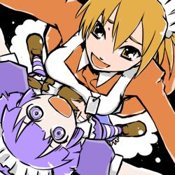  3girls :d apron blonde_hair breasts brown_hair brown_shoes closed_eyes commentary_request crying dog_tags dress from_above futaba_channel girl_sandwich hair_between_eyes hidoi imuhata_shimuro kudoi long_sleeves lowres maid maid_apron maid_headdress medium_breasts multiple_girls nijiura_maids open_mouth pantyhose purple_hair red_dress ringed_eyes sandwiched shoes short_hair short_sleeves smile streaming_tears striped_clothes striped_pantyhose tears violet_eyes white_apron yakui yellow_eyes 