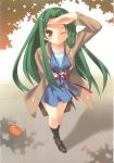  green_hair highres leaf liz long_hair salute satomi_hinako school_uniform seifuku suzumiya_haruhi_no_yuuutsu tsuruya very_long_hair wink 