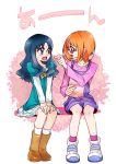  2girls blue_hair eye_contact heartcatch_precure! highres kurumi_erika long_hair looking_at_another multiple_girls open_mouth orange_hair precure shirabe_ako short_hair simple_background sitting suite_precure tima white_background 