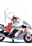  1girl absurdres bangs black_hair closed_mouth commentary_request detached_sleeves gohei hair_tubes hakurei_reimu highres holding holding_gohei kakaricho_dairi long_hair long_sleeves motor_vehicle motorcycle nontraditional_miko red_eyes solo touhou 