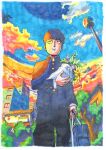  1boy absurdres bag black_eyes black_hair bouquet bowl_cut building clouds commentary english_commentary flower gakuran highres holding holding_bag holding_bouquet house jigme_tenzin_wangchuk kageyama_shigeo lamppost male_focus marker_(medium) mob_psycho_100 school_bag school_uniform sky smile solo traditional_media tree 