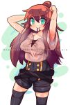  1girl absurdres armpits arms_up bangs bleuzer breasts brown_hair collarbone commission english_text green_eyes hair_tie hair_tie_in_mouth highres long_hair looking_at_viewer medium_breasts mouth_hold original pants pants_rolled_up short_sleeves simple_background smile sweat sweaty_clothes thigh-highs thigh_gap tying_hair 