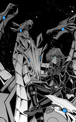  1boy artificial_eye black_background black_footwear black_jacket black_pants black_shirt blue_eyes coat crossed_legs cyber_dragon dragon duel_monster eastern_dragon evil_grin evil_smile facing_to_the_side facing_viewer grey_hair grin hand_on_another&#039;s_chin highres horns izayoi_dreams jacket looking_at_viewer looking_to_the_side male_focus marufuji_ryo mecha mechanical_eye mechanical_horns medium_hair monochrome open_clothes open_jacket pants partially_colored popped_collar roaring robot shirt sitting sitting_on_object smile trench_coat white_trim yu-gi-oh! yu-gi-oh!_gx 