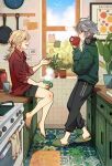  2boys ahoge alhaitham_(genshin_impact) bangs barefoot blonde_hair clock coffee_mug collared_shirt cup genshin_impact grey_hair headphones highres holding holding_cup kaveh_(genshin_impact) kitchen legs long_sleeves looking_at_another male_focus mug multiple_boys pants plant red_shirt sami_jen shirt shorts sitting slippers stove window 