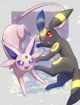  :d border bright_pupils commentary_request espeon fang forehead_jewel full_body gem grey_border highres no_humans nullma open_mouth outside_border pokemon pokemon_(creature) red_eyes red_gemstone simple_background smile umbreon violet_eyes yellow_pupils 