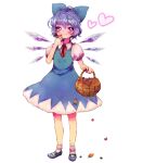  1girl 299_(horisso) basket blue_bow blue_dress blue_footwear blue_hair bow cirno collared_shirt detached_wings dress eating food fruit full_body hair_between_eyes hair_bow heart highres holding holding_basket ice ice_wings looking_at_viewer mary_janes neck_ribbon pinafore_dress puffy_short_sleeves puffy_sleeves red_ribbon ribbon shirt shoes short_hair short_sleeves simple_background socks solo standing strawberry touhou violet_eyes white_background white_shirt white_socks wings 