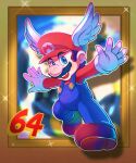  1boy blue_eyes blue_overalls boots brown_footwear co_co_mg facial_hair gloves hat highres mario mustache open_mouth overalls red_headwear red_shirt shirt super_mario_64 super_mario_bros. teeth upper_teeth_only white_gloves wing_cap 