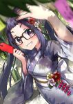  &gt;:) 1girl arm_above_head back_bow bamboo bangs black-framed_eyewear blue_hair blue_kimono blunt_bangs blurry blush bow commentary_request dappled_sunlight depth_of_field dutch_angle floral_print flower flower_ornament from_above glasses glint grin hair_flower hair_ornament highres holding_charm japanese_clothes kimono kuromasu leaf_print long_hair looking_at_viewer looking_up oogaki_chiaki outdoors red_flower short_eyebrows smile solo sunlight tanabata twintails v-shaped_eyebrows very_long_hair violet_eyes white_bow white_flower yellow_flower yukata yurucamp 