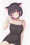  1girl absurdres alternate_costume animal_ears ayeon_chan bangs bare_shoulders black_dress black_hair blue_archive cat_ears cat_girl choker collarbone colored_inner_hair commentary_request dress frilled_dress frills hair_between_eyes highres kazusa_(blue_archive) looking_at_viewer multicolored_hair short_dress short_hair sidelocks simple_background sitting sleeveless smile solo spaghetti_strap two-tone_hair v violet_eyes white_background 