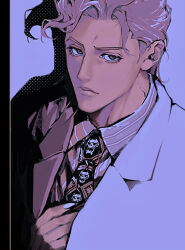  1boy closed_mouth commentary diamond_wa_kudakenai fingernails highres jacket jojo_no_kimyou_na_bouken kira_yoshikage limited_palette looking_at_viewer looking_to_the_side male_focus necktie parted_bangs pink_eyes pink_hair purple_jacket purple_nails sharp_fingernails sheer_heart_attack shirt short_hair solo striped_clothes striped_shirt upper_body user_xwap7887 