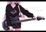  1girl artist_name backlighting black_hoodie bocchi_the_rock! character_name collarbone copyright_name electric_guitar gotou_hitori guitar head_out_of_frame highres holding holding_instrument holding_plectrum hood hoodie instrument letterboxed long_hair long_sleeves pants pink_hair pink_pants plectrum shigure_(sigre) simple_background solo standing upper_body very_long_hair white_background yamaha_pacifica 