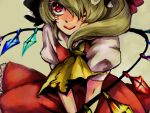  1girl ascot blonde_hair closed_mouth crystal flandre_scarlet frilled_skirt frills hair_over_one_eye hat long_hair mob_cap multicolored_wings puffy_short_sleeves puffy_sleeves red_eyes red_skirt red_vest shirt short_sleeves simple_background skirt solo touhou tsuneaki_(dosnan) v_arms vest white_headwear white_shirt wings yellow_ascot yellow_background 