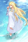  1boy barefoot blonde_hair bracelet character_request dress full_body gem hikiyit jewelry long_hair looking_at_viewer looking_back ocean one_eye_closed oujitachi_no_insan outdoors red_eyes red_gemstone solo white_dress 