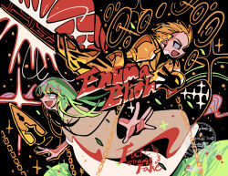  1boy 1other :d armor artist_name black_background blonde_hair chain copyright_name ea_(fate) enkidu_(fate) enkidu_(weapon)_(fate) fate/strange_fake fate_(series) floating_hair from_side gate_of_babylon_(fate) gilgamesh_(fate) gold_armor gold_chain green_eyes green_hair highres holding holding_polearm holding_weapon ima_mo_nao_kangaechuu limited_palette long_hair long_sleeves noble_phantasm_(fate) outstretched_arms polearm red_eyes short_hair sideways_mouth signature simple_background smile sparkle v-shaped_eyebrows watermark weapon 