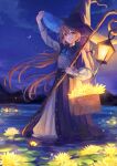  1girl adjusting_clothes adjusting_headwear azuazu_0405 basket blush bow bowtie breasts brown_eyes brown_hair cloak clouds cloudy_sky commentary_request crescent_moon dress fantasy flower full_body glowing_flower hat highres holding holding_staff lantern light_particles long_hair looking_at_viewer moon moonlight mountain mountainous_horizon night original outdoors parted_lips pointy_ears pond sky small_breasts staff star_(sky) starry_sky very_long_hair wading wicker_basket wind witch witch_hat 