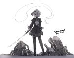  1girl absurdres back_cutout chiroru_(cheese-roll) closed_mouth clothing_cutout commentary cosplay dated english_text full_body ghost gloves greyscale hairband highres holding holding_sword holding_weapon juliet_sleeves konpaku_youmu_(ghost) long_sleeves looking_at_viewer looking_back monochrome nier:automata nier_(series) puffy_sleeves robot short_hair simple_background solo standing sword thigh-highs touhou weapon yorha_no._2_type_b yorha_no._2_type_b_(cosplay) 