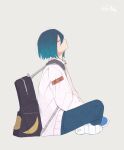  1girl backpack bag blue_hair closed_eyes closed_mouth copyright_request expressionless from_side full_body gradient_hair grey_background hair_between_eyes jacket multicolored_hair original pants profile shoes short_hair simple_background sitting solo sweater uzyuzu37 white_sweater 