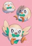  ^_^ absurdres artist_name attack black_eyes blush blush_stickers bright_pupils closed_eyes closed_mouth commentary_request full_body highres looking_at_viewer multiple_views no_humans nullma open_mouth pink_background pokemon pokemon_(creature) rowlet signature simple_background sitting v-shaped_eyebrows white_pupils 