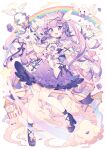  1girl animal_ears bangs blunt_bangs cat_ears cat_tail choker clouds commentary cross-shaped_pupils dress flower full_body gloves hyou_(pixiv3677917) long_hair open_mouth original purple_choker purple_dress purple_flower purple_footwear purple_hair purple_ribbon purple_rose rainbow ribbon rose smile solo spoon symbol-only_commentary symbol-shaped_pupils tail thigh-highs two_side_up violet_eyes white_gloves white_thighhighs 