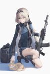  1girl an-94 an-94_(girls&#039;_frontline) assault_rifle bag blonde_hair blue_eyes boots cat commentary_request full_body girls_frontline gloves gun hair_between_eyes hairband highres holding holding_gun holding_weapon jacket looking_down mod3_(girls&#039;_frontline) one_knee petting rifle senkou_(dwrp3257) simple_background single_glove smile solo weapon 