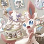  alcremie blue_eyes chair cup cupcake fang food gothita gothorita hand_up highres holding holding_tray indoors macaron open_mouth picture_frame pokemon pokemon_(creature) ribbon sasabunecafe striped sylveon teacup teapot tiered_tray tray twitter_username vertical_stripes violet_eyes 
