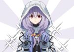  1girl atsuko_(blue_archive) bangs black_gloves blue_archive bow braid bulletproof_vest commentary double_v expressionless gloves hair_between_eyes hair_bow hair_ribbon highres hooded_coat long_hair long_sleeves looking_at_viewer low_twintails okaarii purple_hair red_eyes ribbon sidelocks simple_background solo symbol-only_commentary twin_braids twintails two-tone_gloves v white_hood 