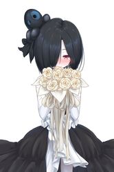  1girl absurdres black_dress black_hair black_surge_night blush bouquet colored_skin commentary_request crying crying_with_eyes_open dress flower frilled_dress frills hair_over_one_eye highres holding holding_bouquet luetzow_(black_surge_night) medium_hair octopus_hair_ornament official_alternate_costume pale_skin red_eyes rose soanote tears white_background white_flower white_rose white_skin 