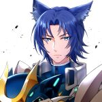  1boy animal_ears bai_blue_(show_by_rock!!) blue_eyes blue_hair closed_mouth clothing_request facing_viewer fang gloves grey_gloves helmet holding holding_helmet looking_at_viewer looking_to_the_side male_focus mel6969 short_hair show_by_rock!! skin_fang solo white_background wolf_boy wolf_ears 