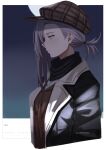  1girl blue_eyes character_name coat dated expressionless from_side girls_frontline grey_hair hair_over_one_eye hat highres long_hair mado_mdmbx_(wjjj5485) mg5_(call_of_the_hunter)_(girls&#039;_frontline) mg5_(girls&#039;_frontline) moon official_alternate_costume outdoors ponytail profile scarf solo upper_body 
