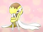  1girl =_= alternate_color alternate_shiny_pokemon bangs blonde_hair blush bob_cut chocolate colored_skin commentary flat_chest food food_on_head full_body gardevoir hair_over_one_eye hugging_own_legs knees_together_feet_apart knees_up multicolored_skin object_on_head one_eye_covered outline pink_background pokemon pokemon_(creature) short_hair simple_background sitting solo translated two-tone_skin white_outline white_skin yellow_skin yuri_(pixiv_76483886) 