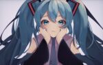  1girl bangs black_sleeves blue_eyes blue_hair blue_necktie commentary_request detached_sleeves hands_on_own_cheeks hands_on_own_face hatsune_miku highres long_hair looking_at_viewer natsuno_meme necktie solo twintails vocaloid wide_sleeves 