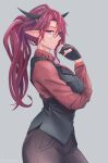  1girl absurdres black_vest formal gloves highres hololive hololive_english horns irys_(hololive) long_hair looking_at_viewer multicolored_hair partially_fingerless_gloves pink_eyes pointy_ears purple_hair redhead solo suit the_raineman vest virtual_youtuber 