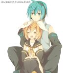 1boy 1girl blonde_hair closed_eyes couple female hatsune_mikuo kagamine_rin male teal_hair vocaloid