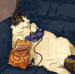  animal_focus bag blue_background cable cat catwheezie closed_mouth commentary controller couch english_commentary fritos game_controller gamecube_controller green_eyes holding holding_controller holding_game_controller lying no_humans on_back on_couch original plastic_bag playing_games solo 