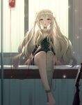  1girl assault_rifle bandaged_leg bandages barefoot blood blood_bag blue_dress commentary_request dress full_body girls_frontline gun hair_between_eyes highres indoors intravenous_drip kimi_(jxrm5387) long_hair looking_at_viewer on_bed open_mouth ribeyrolles_(girls&#039;_frontline) ribeyrolles_1918 rifle sidelocks sitting solo twintails very_long_hair weapon white_hair window 