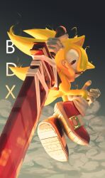 1boy animal_nose aura buster_sword clouds final_fantasy final_fantasy_sonic_x final_fantasy_vii flying from_below full_body furry furry_male gloves grin hands_up hedgehog_boy highres holding holding_sword holding_weapon knee_up looking_at_viewer looking_back looking_down male_focus overcast red_eyes red_footwear short_tail sky smile solo sonic_(series) sonic_the_hedgehog super_sonic sword tail weapon white_gloves windexus yellow_fur