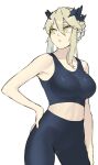  1girl artoria_pendragon_(fate) artoria_pendragon_(lancer_alter)_(fate) ayame310 blonde_hair braid breasts crop_top fate/grand_order fate_(series) hand_on_hip highres large_breasts medium_hair pants solo sports_bra white_background yellow_eyes yoga_pants 
