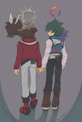 2boys black_pants brown_footwear brown_hair creature creature_on_shoulder crystal_beast_ruby_carbuncle duel_monster facing_away full_body green_eyes green_hair grey_background highres jacket johan_andersen looking_back moiko multiple_boys on_shoulder pants red_footwear red_jacket white_pants winged_kuriboh yu-gi-oh! yu-gi-oh!_gx yuki_judai 