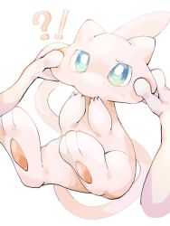 !? blue_eyes bright_pupils cheek_pinching colored_skin commentary_request floating hp7car7nxrq5s7q mew mew_(pokemon) mewtwo pawpads pinching pink_skin pokemon pokemon_(creature) pov pov_hands simple_background tail white_background white_pupils