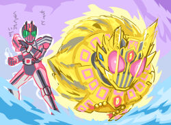  armor belt bodysuit choukyuu_haou_den'eidan decadriver g_gundam gem glowing glowing_eyes gold_trim gundam highres huujyu kamen_rider kamen_rider_dcd kamen_rider_decade kamen_rider_gotchard_(series) kamen_rider_gotchard_vs_kamen_rider_legend kamen_rider_legend legendriver multiple_boys parody rider_belt sparkle spinning standing tokusatsu 